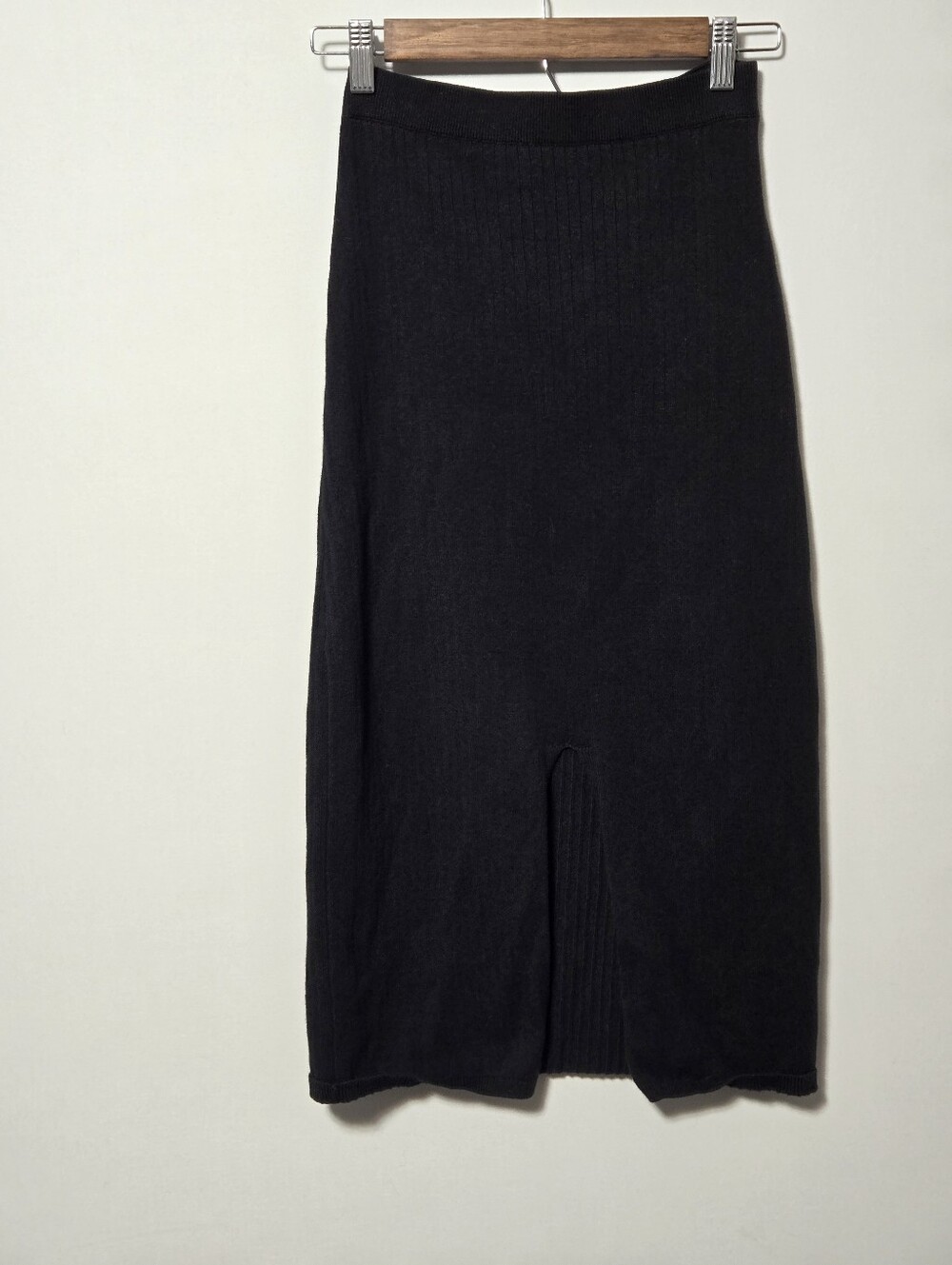 Free People Black Ribbed Knit Midi Pencil Skirt Front Slit Size S/P